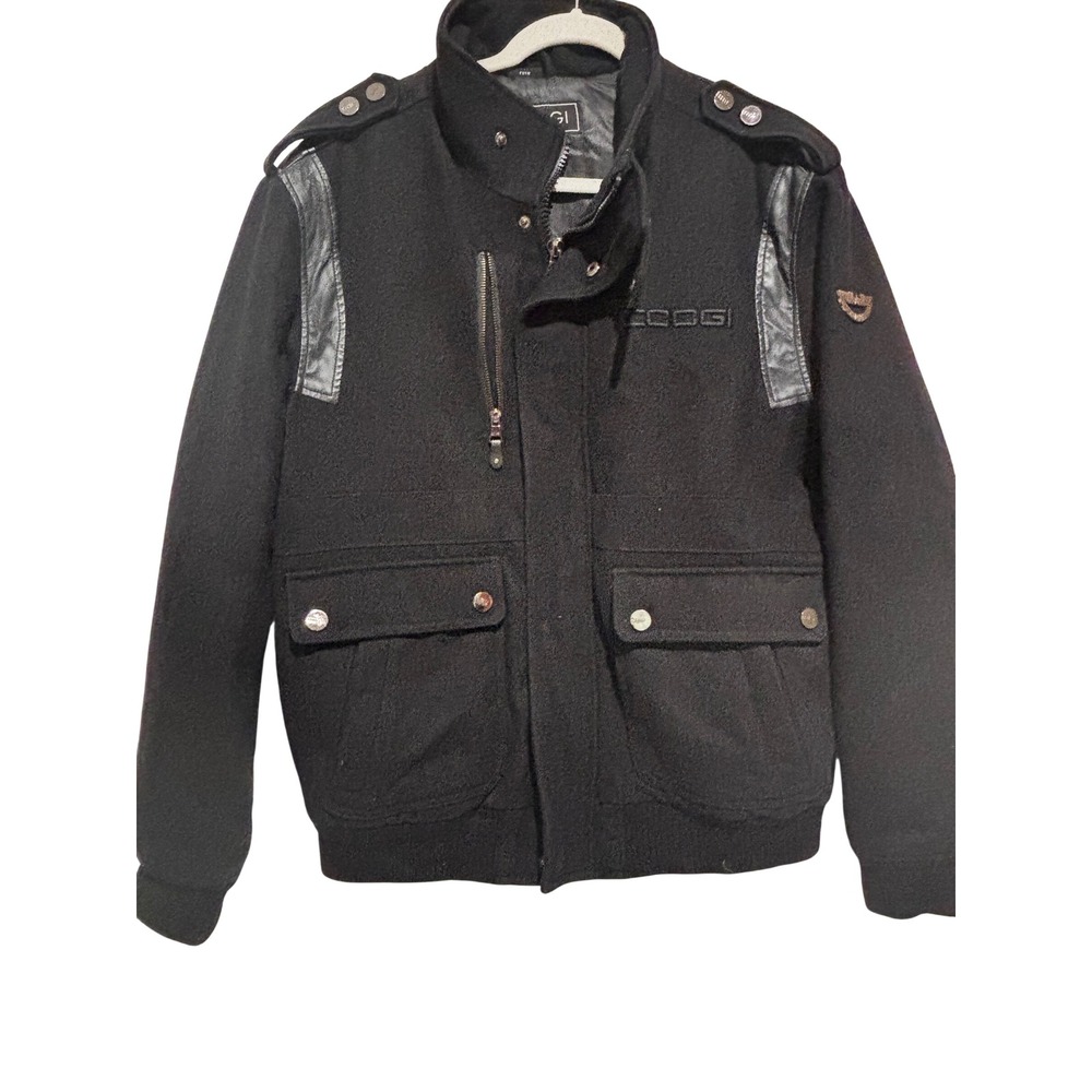 Coogi Mens Black Wool Blend Bomber Jacket Coat Faux Leather Trim Sz L Urban y2k